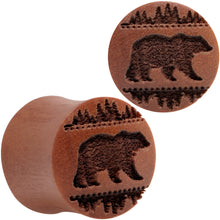 Load image into Gallery viewer, Organic Sawo Wood Holiday Bear in the Woods Saddle Plug Set Sizes 8mm to 25mm
