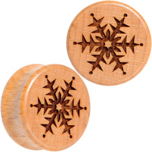 Load image into Gallery viewer, Organic Beechwood Holiday Winter Snowflake Saddle Plug Set Sizes 8mm to 25mm
