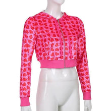Load image into Gallery viewer, Unique Design Velvet Heart Print Cropped Top Bomber Jacket For Women Autumn Cute Pink Long Sleeve Coats Zipper Winter Overcoat
