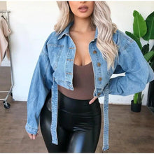 Load image into Gallery viewer, Unique Design Women's Denim Cropped Jacket Female Pockets Hole Short Jean Jackets Ladies Fashionable Button Casual Solid Coats
