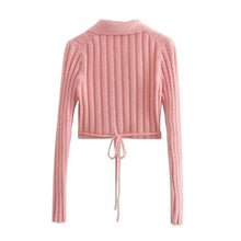 将图片加载到图库查看器，Unique Design Women's Sweater Solid Cross V-Neck Lace Up Bow Jumpers Long Sleeve Cardigan Female Spring Knitted Coat
