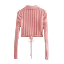 将图片加载到图库查看器，Unique Design Women's Sweater Solid Cross V-Neck Lace Up Bow Jumpers Long Sleeve Cardigan Female Spring Knitted Coat

