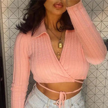 将图片加载到图库查看器，Unique Design Women's Sweater Solid Cross V-Neck Lace Up Bow Jumpers Long Sleeve Cardigan Female Spring Knitted Coat
