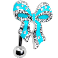 将图片加载到图库查看器，Clear Gem Bedazzled Blue Bow Top Mount Belly Ring
