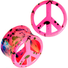 Load image into Gallery viewer, Black Speckled Pink Acrylic Peace Sign Saddle Plug Set 10mm to 20mm
