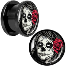 Load image into Gallery viewer, Katrina Sugar Skull with Rose Flower Black Anodized Screw Fit Plug Set 9/16
