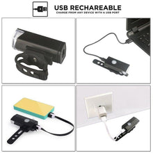 Load image into Gallery viewer, USB Rechargeable  3 Mode Bicycle Front Light Lamp Bike Headlight Cycling LED Powerful Bicycle Front Headlight Waterproof Bike Headlight End Tail Light Set 300 Lumen
