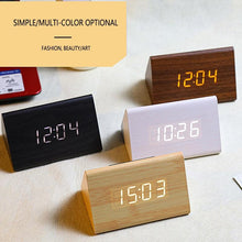 Load image into Gallery viewer, USB/AAA Powered LED Digital Clock Wooden Alarm Clock Table Clock Wooden Digital Alarm Clock with Wireless Charging 3 Alarms LED Display Sound Control and Snooze Dual for Bedroom Bedside Office Voice Control Electronic Clock Desktop Decor
