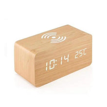 Load image into Gallery viewer, USB/AAA Powered LED Digital Clock Wooden Alarm Clock Table Clock Wooden Digital Alarm Clock with Wireless Charging 3 Alarms LED Display Sound Control and Snooze Dual for Bedroom Bedside Office Voice Control Electronic Clock Desktop Decor
