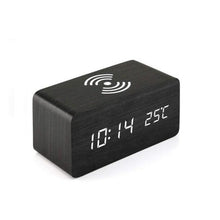 Load image into Gallery viewer, USB/AAA Powered LED Digital Clock Wooden Alarm Clock Table Clock Wooden Digital Alarm Clock with Wireless Charging 3 Alarms LED Display Sound Control and Snooze Dual for Bedroom Bedside Office Voice Control Electronic Clock Desktop Decor
