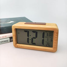 Load image into Gallery viewer, USB/AAA Powered LED Digital Clock Wooden Alarm Clock Table Clock Wooden Digital Alarm Clock with Wireless Charging 3 Alarms LED Display Sound Control and Snooze Dual for Bedroom Bedside Office Voice Control Electronic Clock Desktop Decor
