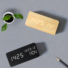 Load image into Gallery viewer, USB/AAA Powered LED Digital Clock Wooden Alarm Clock Table Clock Wooden Digital Alarm Clock with Wireless Charging 3 Alarms LED Display Sound Control and Snooze Dual for Bedroom Bedside Office Voice Control Electronic Clock Desktop Decor
