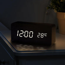 Load image into Gallery viewer, USB/AAA Powered LED Digital Clock Wooden Alarm Clock Table Clock Wooden Digital Alarm Clock with Wireless Charging 3 Alarms LED Display Sound Control and Snooze Dual for Bedroom Bedside Office Voice Control Electronic Clock Desktop Decor
