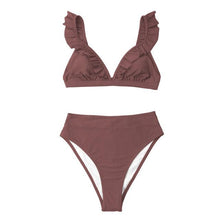 Load image into Gallery viewer, V-neck Ruffled High-waist Bikini Sets Swimsuit Womens Ruffle Flounce Triangle Bathing Suits Cute Two Piece Swimsuits Women Solid Brown Two Pieces Swimwear New Beach Bathing Suits
