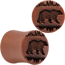 Load image into Gallery viewer, Organic Sawo Wood Holiday Bear in the Woods Saddle Plug Set Sizes 8mm to 25mm
