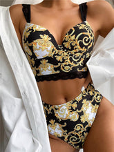 将图片加载到图库查看器，Vintage Black Print Women's Bikini Set Women's Halter Beautiful Print High Waist Swimsuit Bathing Suits Bikini Set Lace Strappy Padded Bra High Waist Bottoms Swimsuit Fashion Female Beachwear Luxury Swimwear
