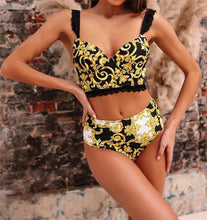 将图片加载到图库查看器，Vintage Black Print Women's Bikini Set Women's Halter Beautiful Print High Waist Swimsuit Bathing Suits Bikini Set Lace Strappy Padded Bra High Waist Bottoms Swimsuit Fashion Female Beachwear Luxury Swimwear
