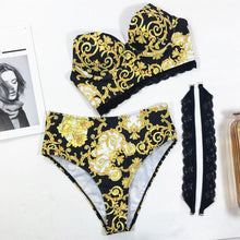 将图片加载到图库查看器，Vintage Black Print Women's Bikini Set Women's Halter Beautiful Print High Waist Swimsuit Bathing Suits Bikini Set Lace Strappy Padded Bra High Waist Bottoms Swimsuit Fashion Female Beachwear Luxury Swimwear
