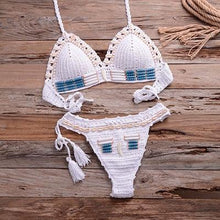Load image into Gallery viewer, Vintage Blue Bikinis 2 Piece Halter Bikini Set Women High Waist Sequin Swimsuit  Set Handmade Crochet High Quality Swimsuit Women Push Up Swimwear Knitted Beach Wear Bathing Suit
