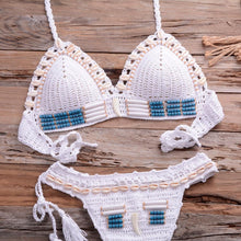 Load image into Gallery viewer, Vintage Blue Bikinis 2 Piece Halter Bikini Set Women High Waist Sequin Swimsuit  Set Handmade Crochet High Quality Swimsuit Women Push Up Swimwear Knitted Beach Wear Bathing Suit
