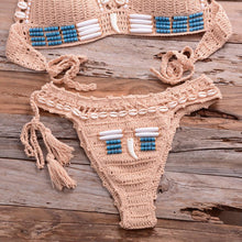 Load image into Gallery viewer, Vintage Blue Bikinis 2 Piece Halter Bikini Set Women High Waist Sequin Swimsuit  Set Handmade Crochet High Quality Swimsuit Women Push Up Swimwear Knitted Beach Wear Bathing Suit
