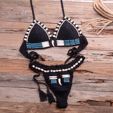 Load image into Gallery viewer, Vintage Blue Bikinis 2 Piece Halter Bikini Set Women High Waist Sequin Swimsuit  Set Handmade Crochet High Quality Swimsuit Women Push Up Swimwear Knitted Beach Wear Bathing Suit
