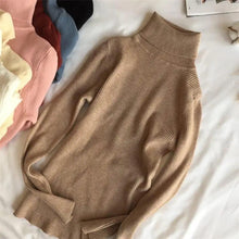 将图片加载到图库查看器，Vintage Style Autumn Winter Thick Sweater For Women Knitted Ribbed Pullover Sweater Long Sleeve Turtleneck Slim Jumper Soft Warm Pullover
