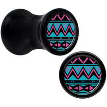 Load image into Gallery viewer, Black Acrylic Pink Teal Tribal Print Saddle Plug Set 4G

