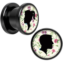 将图片加载到图库查看器，Man Woman Floral Silhouette Black Anodized Screw Fit Plug Set 00G
