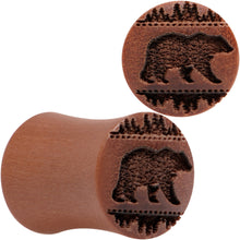 Load image into Gallery viewer, Organic Sawo Wood Holiday Bear in the Woods Saddle Plug Set Sizes 8mm to 25mm
