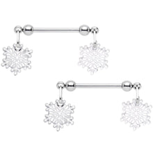 Load image into Gallery viewer, 14G 5/8 Winter Snowflake Dangle Barbell Nipple Ring Set
