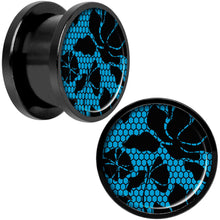Load image into Gallery viewer, Blue Floral Lace Black Anodized Screw Fit Plug Set 9/16
