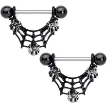 Load image into Gallery viewer, 9/16 Black Baby Spiders on Web Halloween Dangle Nipple Ring Set

