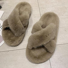 Load image into Gallery viewer, Warm Fluffy Fur Slippers Shoes Women Flip Flop Flat Furry Slides Outdoor Sandals Woman Open Toe Slippers Plush Cross Band Fleece Comfy Memory Foam House Indoor Winter Shoes
