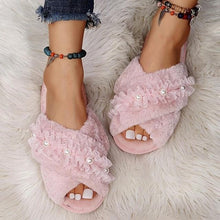 将图片加载到图库查看器，Warm Fluffy Slippers Women Cozy Faux Fur Cross Indoor Floor Slides Flat Soft Furry Flip Flops Fuzzy Slippers Cross Band Fluffy Slippers Faux Fur Slippers Plush House Open Toe Cozy Slippers For Women
