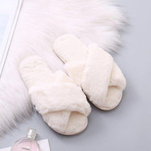 将图片加载到图库查看器，Warm Fluffy Slippers Women Cozy Faux Fur Cross Indoor Floor Slides Flat Soft Furry Flip Flops Fuzzy Slippers Cross Band Fluffy Slippers Faux Fur Slippers Plush House Open Toe Cozy Slippers For Women
