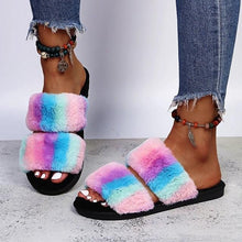 将图片加载到图库查看器，Warm Fluffy Slippers Women Cozy Faux Fur Cross Indoor Floor Slides Flat Soft Furry Flip Flops Fuzzy Slippers Cross Band Fluffy Slippers Faux Fur Slippers Plush House Open Toe Cozy Slippers For Women

