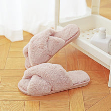 将图片加载到图库查看器，Warm Fluffy Slippers Women Cozy Faux Fur Cross Indoor Floor Slides Flat Soft Furry Flip Flops Fuzzy Slippers Cross Band Fluffy Slippers Faux Fur Slippers Plush House Open Toe Cozy Slippers For Women
