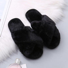 将图片加载到图库查看器，Warm Fluffy Slippers Women Cozy Faux Fur Cross Indoor Floor Slides Flat Soft Furry Flip Flops Fuzzy Slippers Cross Band Fluffy Slippers Faux Fur Slippers Plush House Open Toe Cozy Slippers For Women
