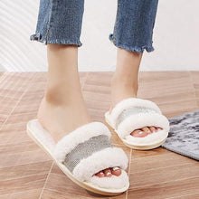 将图片加载到图库查看器，Warm Fluffy Slippers Women Cozy Faux Fur Cross Indoor Floor Slides Flat Soft Furry Flip Flops Fuzzy Slippers Cross Band Fluffy Slippers Faux Fur Slippers Plush House Open Toe Cozy Slippers For Women
