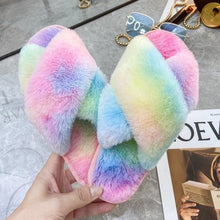 将图片加载到图库查看器，Warm Fluffy Slippers Women Cozy Faux Fur Cross Indoor Floor Slides Flat Soft Furry Flip Flops Fuzzy Slippers Cross Band Fluffy Slippers Faux Fur Slippers Plush House Open Toe Cozy Slippers For Women
