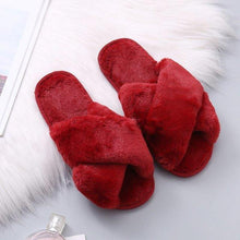 将图片加载到图库查看器，Warm Fluffy Slippers Women Cozy Faux Fur Cross Indoor Floor Slides Flat Soft Furry Flip Flops Fuzzy Slippers Cross Band Fluffy Slippers Faux Fur Slippers Plush House Open Toe Cozy Slippers For Women
