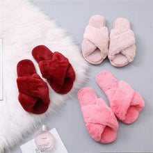 将图片加载到图库查看器，Warm Fluffy Slippers Women Cozy Faux Fur Cross Indoor Floor Slides Flat Soft Furry Flip Flops Fuzzy Slippers Cross Band Fluffy Slippers Faux Fur Slippers Plush House Open Toe Cozy Slippers For Women
