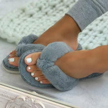 将图片加载到图库查看器，Warm Fluffy Slippers Women Cozy Faux Fur Cross Indoor Floor Slides Flat Soft Furry Flip Flops Fuzzy Slippers Cross Band Fluffy Slippers Faux Fur Slippers Plush House Open Toe Cozy Slippers For Women
