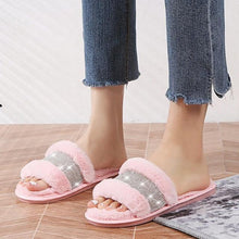 将图片加载到图库查看器，Warm Fluffy Slippers Women Cozy Faux Fur Cross Indoor Floor Slides Flat Soft Furry Flip Flops Fuzzy Slippers Cross Band Fluffy Slippers Faux Fur Slippers Plush House Open Toe Cozy Slippers For Women
