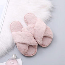 将图片加载到图库查看器，Warm Fluffy Slippers Women Cozy Faux Fur Cross Indoor Floor Slides Flat Soft Furry Flip Flops Fuzzy Slippers Cross Band Fluffy Slippers Faux Fur Slippers Plush House Open Toe Cozy Slippers For Women
