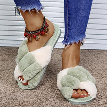 将图片加载到图库查看器，Warm Fluffy Slippers Women Cozy Faux Fur Cross Indoor Floor Slides Flat Soft Furry Flip Flops Fuzzy Slippers Cross Band Fluffy Slippers Faux Fur Slippers Plush House Open Toe Cozy Slippers For Women

