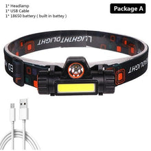 Load image into Gallery viewer, Waterproof 2 Light Mode USB LED Headlight With Magnet Rechargeable Headlamp Built-in 18650 Battery Flashlight  COB Work Light For Outdoor Camping Cycling Fishing Headlamp Flashlight
