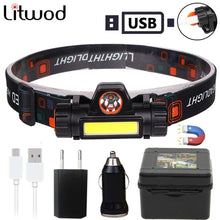 Load image into Gallery viewer, Waterproof 2 Light Mode USB LED Headlight With Magnet Rechargeable Headlamp Built-in 18650 Battery Flashlight  COB Work Light For Outdoor Camping Cycling Fishing Headlamp Flashlight
