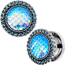 Load image into Gallery viewer, 1/2 Aqua Gem Iridescent Blue Mermaid Scale Screw Fit Plug Set
